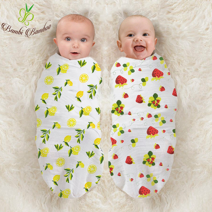Muslin Swaddle Blanket Set of 2, Lemon and Strawberry Prints