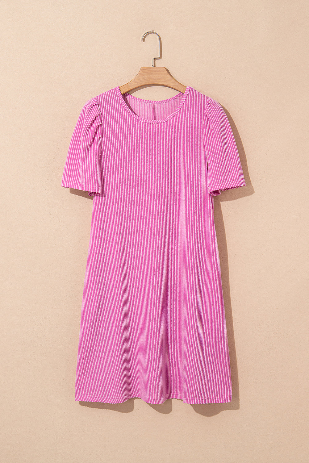 Mint Green Corded Knit Crew Neck Puff Sleeve Shift Mini Dress