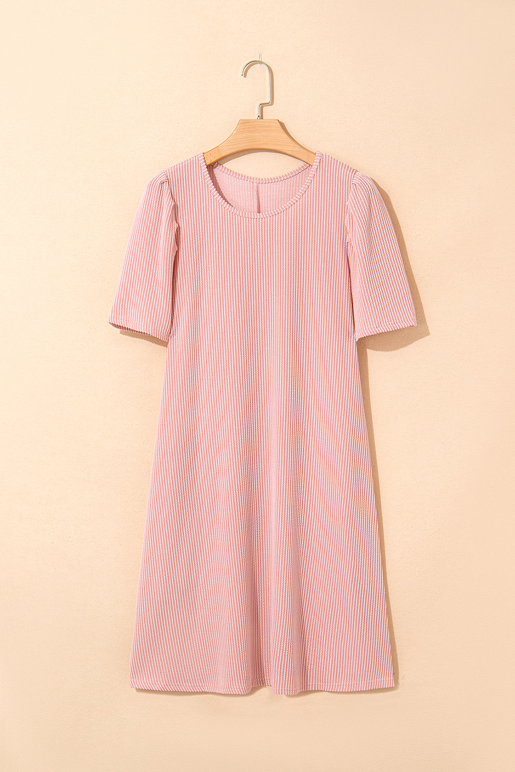 Mint Green Corded Knit Crew Neck Puff Sleeve Shift Mini Dress