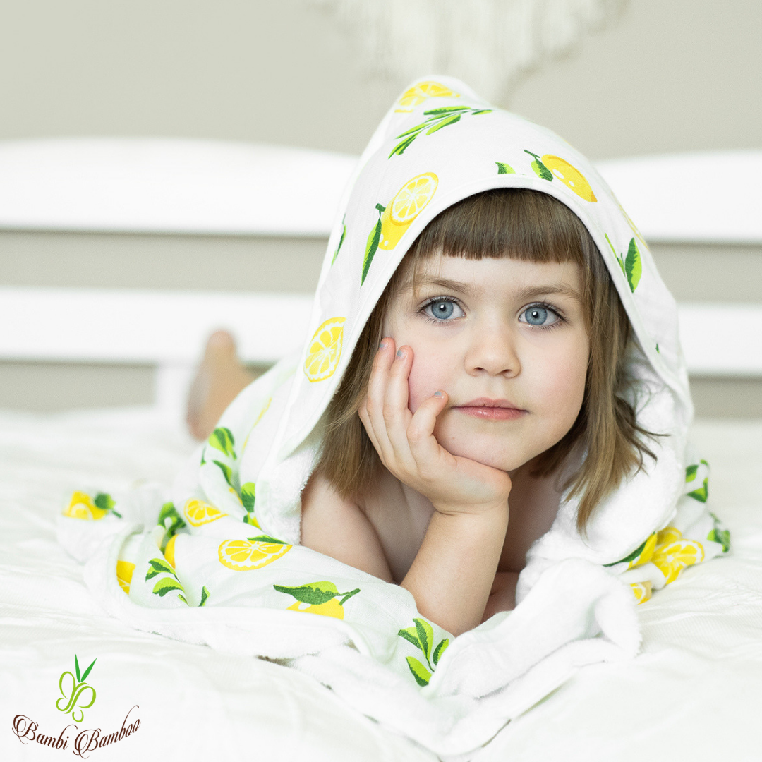 Baby Hooded Towel, Muslin-Backed, Buttery Soft Terry, Lemon Print