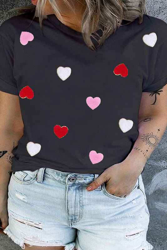 Black Chenille Heart Patched Round Neck Plus Size Tee