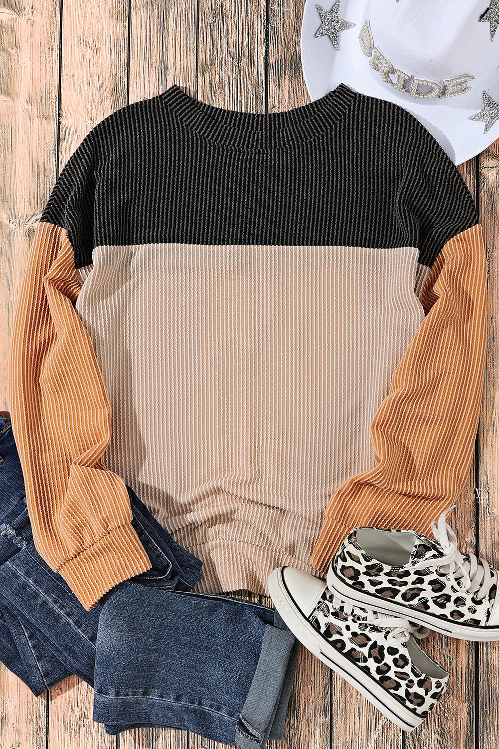 Khaki Color Block Long Sleeve Ribbed Loose Top