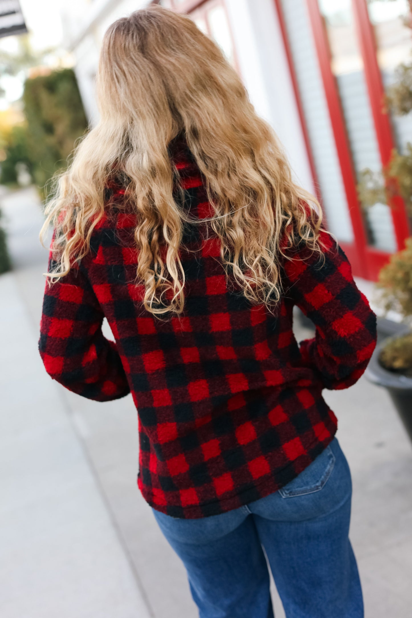 Cozy Red Sherpa Plaid Asymmetrical Zip Sweater Top