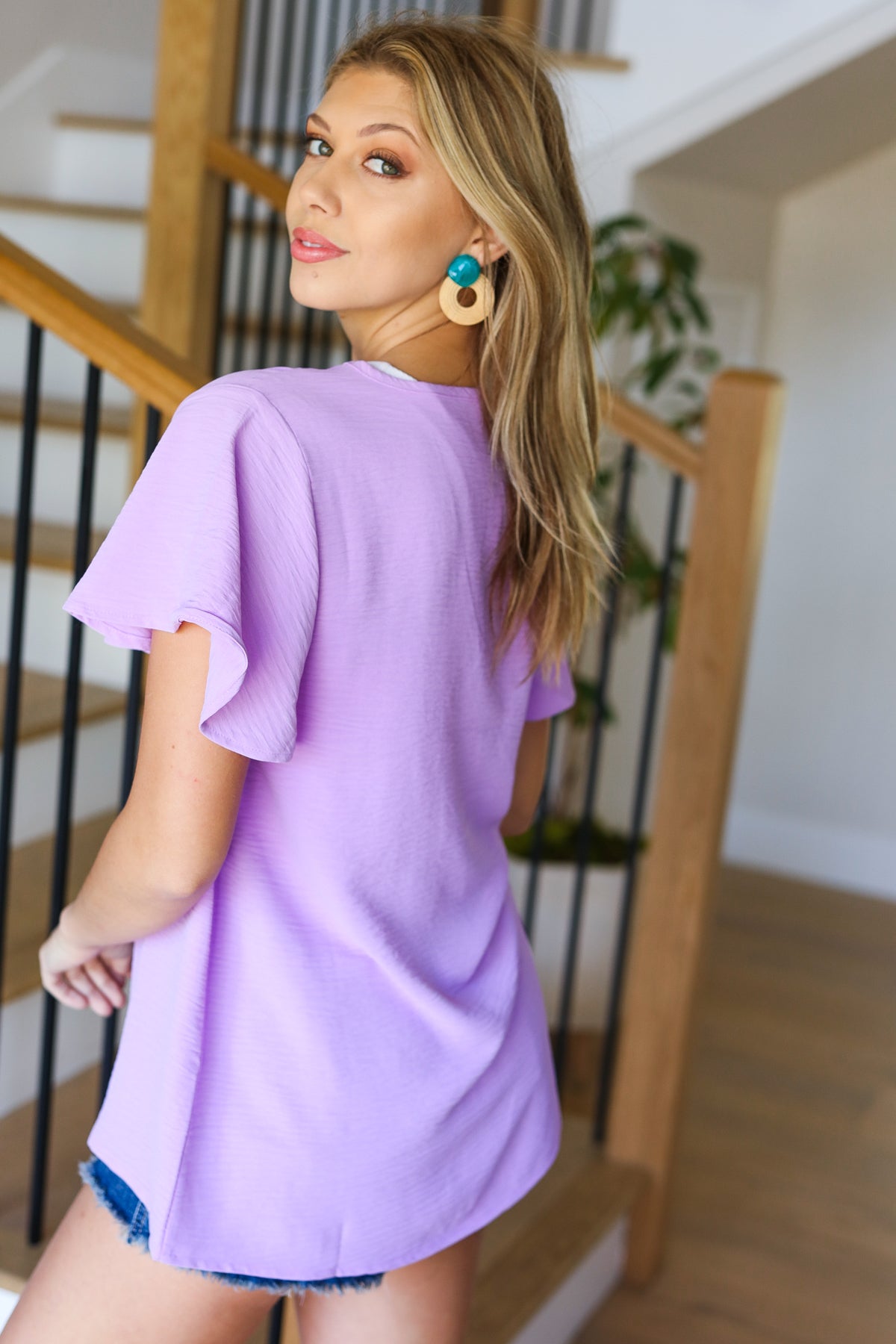 Keep Your Cool Lavender Flutter Sleeve V Neck Top