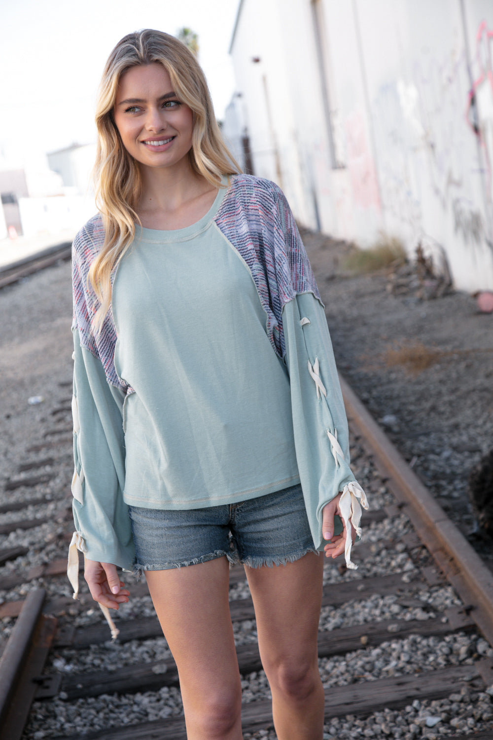 Mint Lace Up Long Sleeve French Terry Oversized Pullover