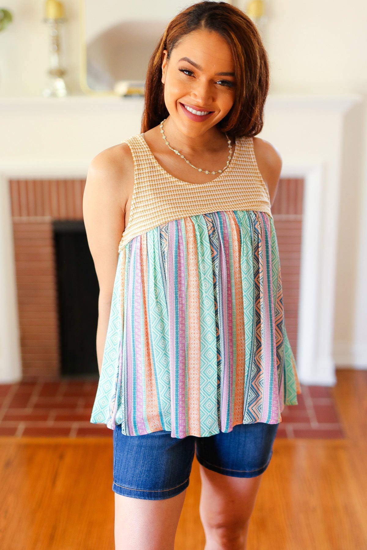 Mustard Two-Tone Boho Print Back Tie Tank