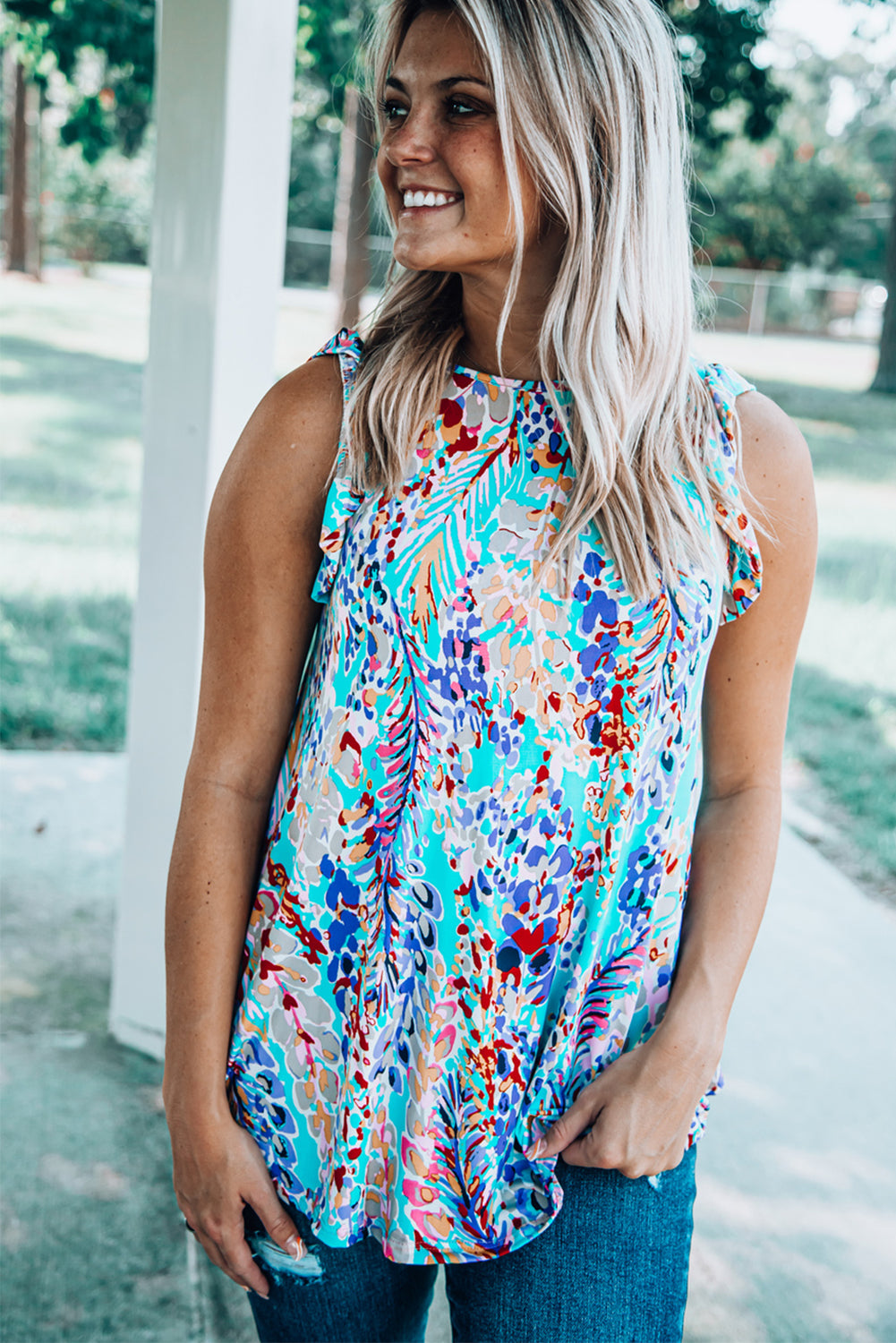 Rosy Boho Abstract Print Ruffle Babydoll Sleeveless Shirt