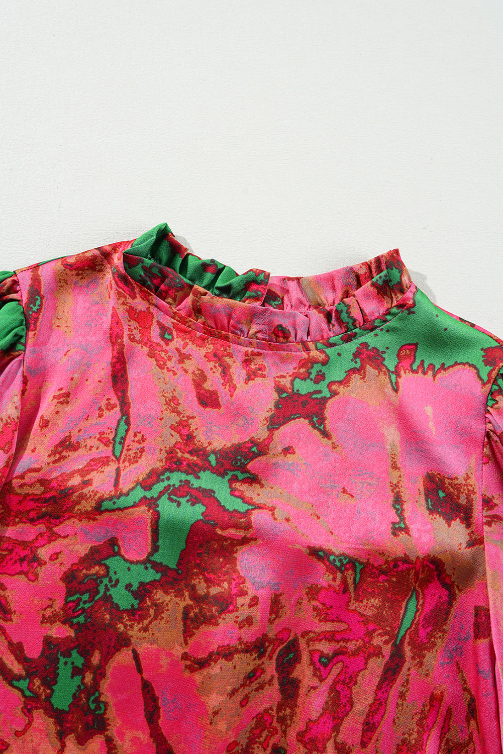 Rose Abstract Print Frill Neckline Smocked Puff Sleeve Blouse