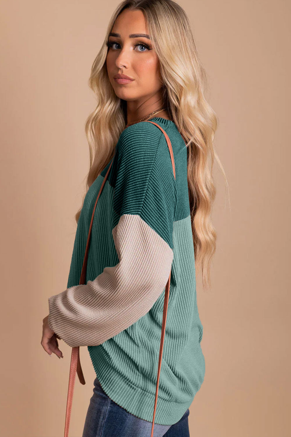 Khaki Color Block Long Sleeve Ribbed Loose Top