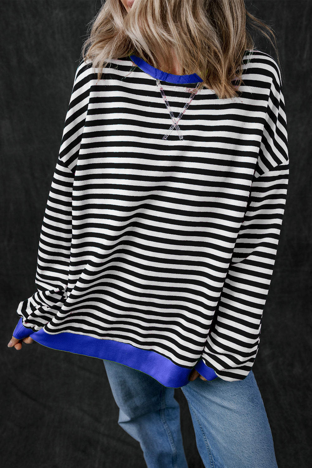 Red Stripe Oversized Contrast Trim Pullover Sweatshirt