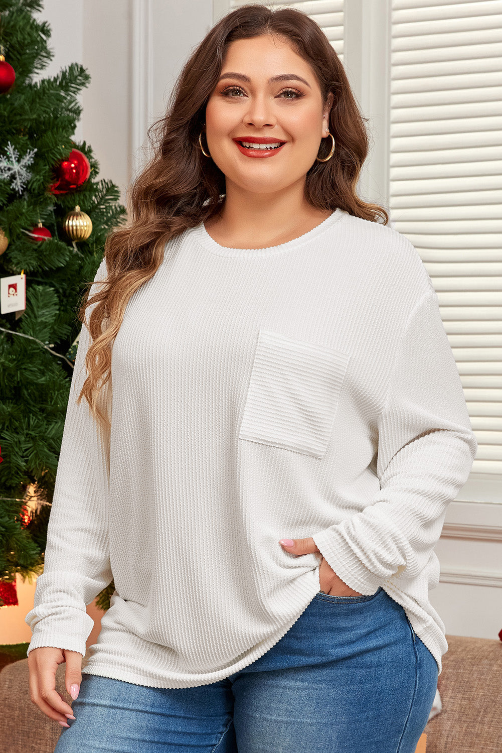 Peach Blossom Plus Size Ribbed Textured Long Sleeve T Shirt