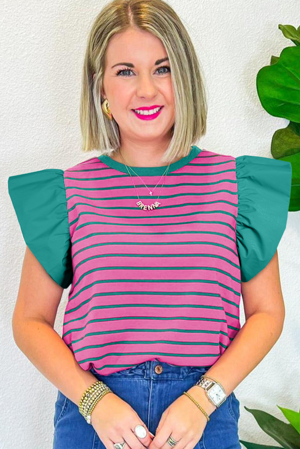 Pink Stripe Colorblock Ruffled Sleeve Crew Neck Blouse