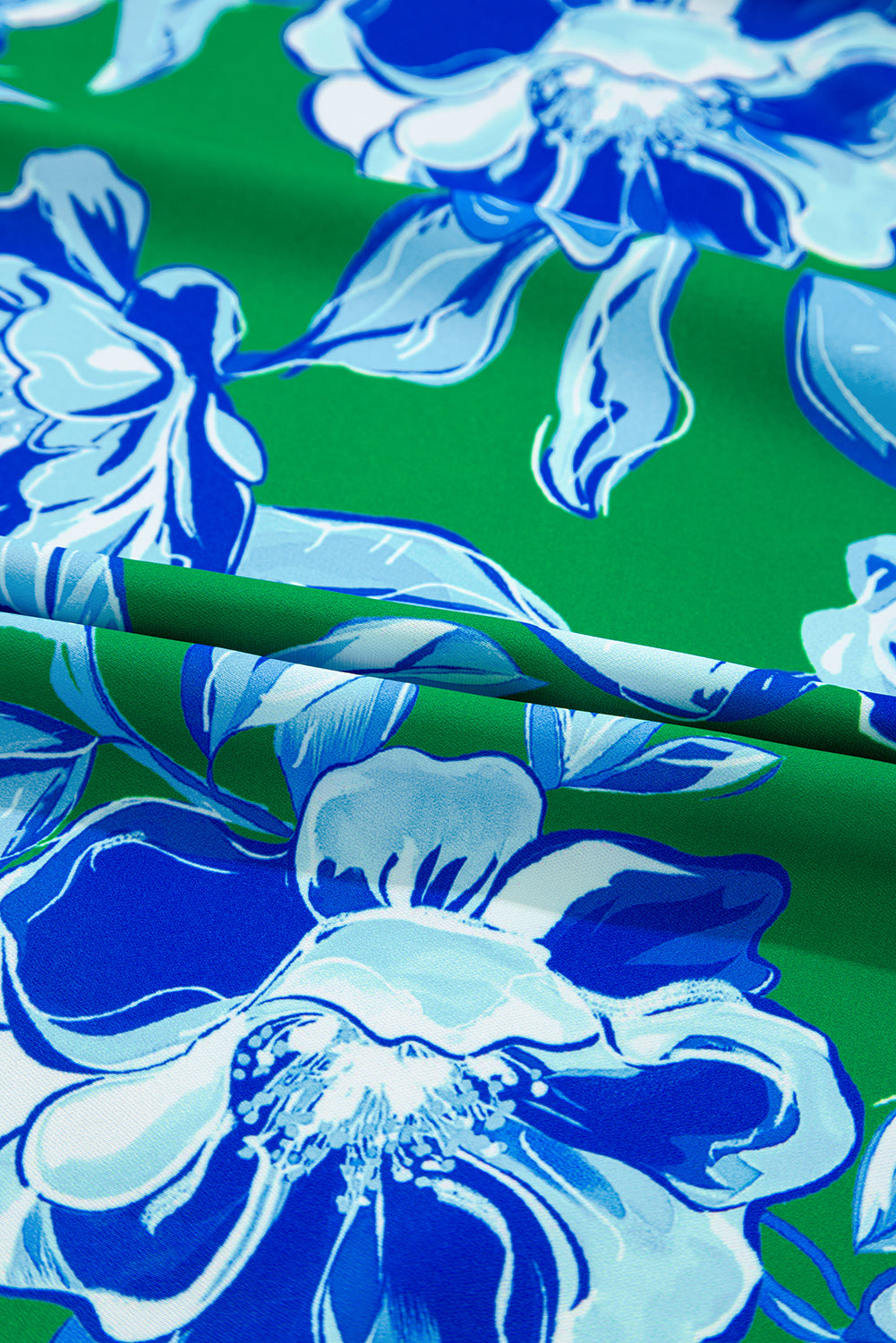 Green Floral Print Lace Trim Ruffle Sleeve Pleated Loose Blouse