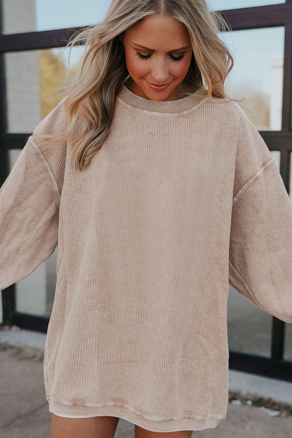 Light Grey Drop Shoulder Crinkle Rib Oversized Sweatshirt