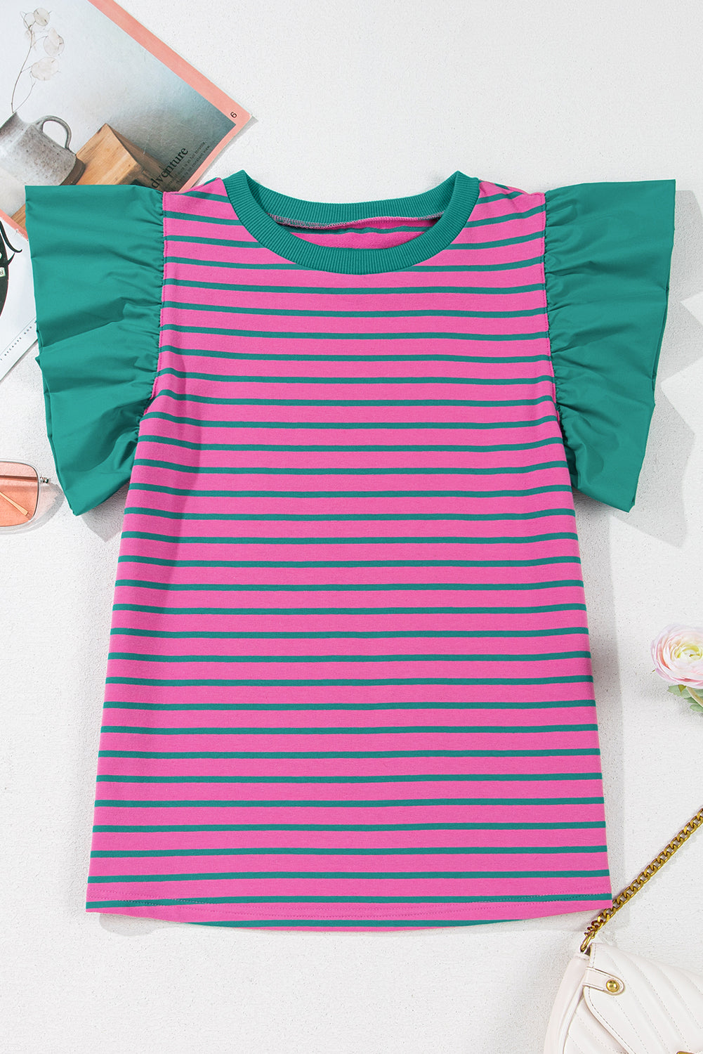 Pink Stripe Colorblock Ruffled Sleeve Crew Neck Blouse