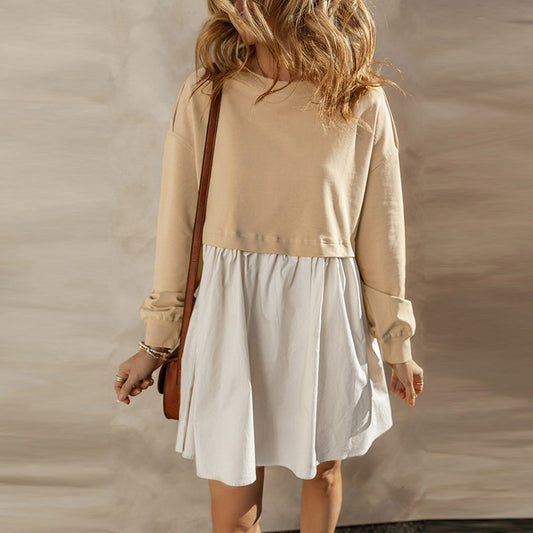 Fashion Colorblock Pleated Knee-length Short Skirt For Women European And American Leisure Loose Long Sleeve Dress