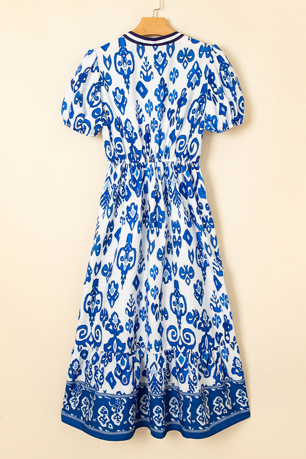 Sky Blue Floral Ruffle Hem Pop of Color Neckline Dress