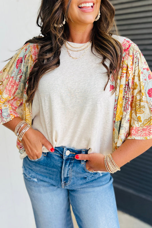 Beige Floral Patchwork Batwing Sleeve Blouse