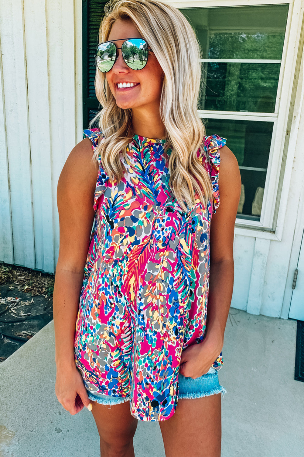 Rosy Boho Abstract Print Ruffle Babydoll Sleeveless Shirt