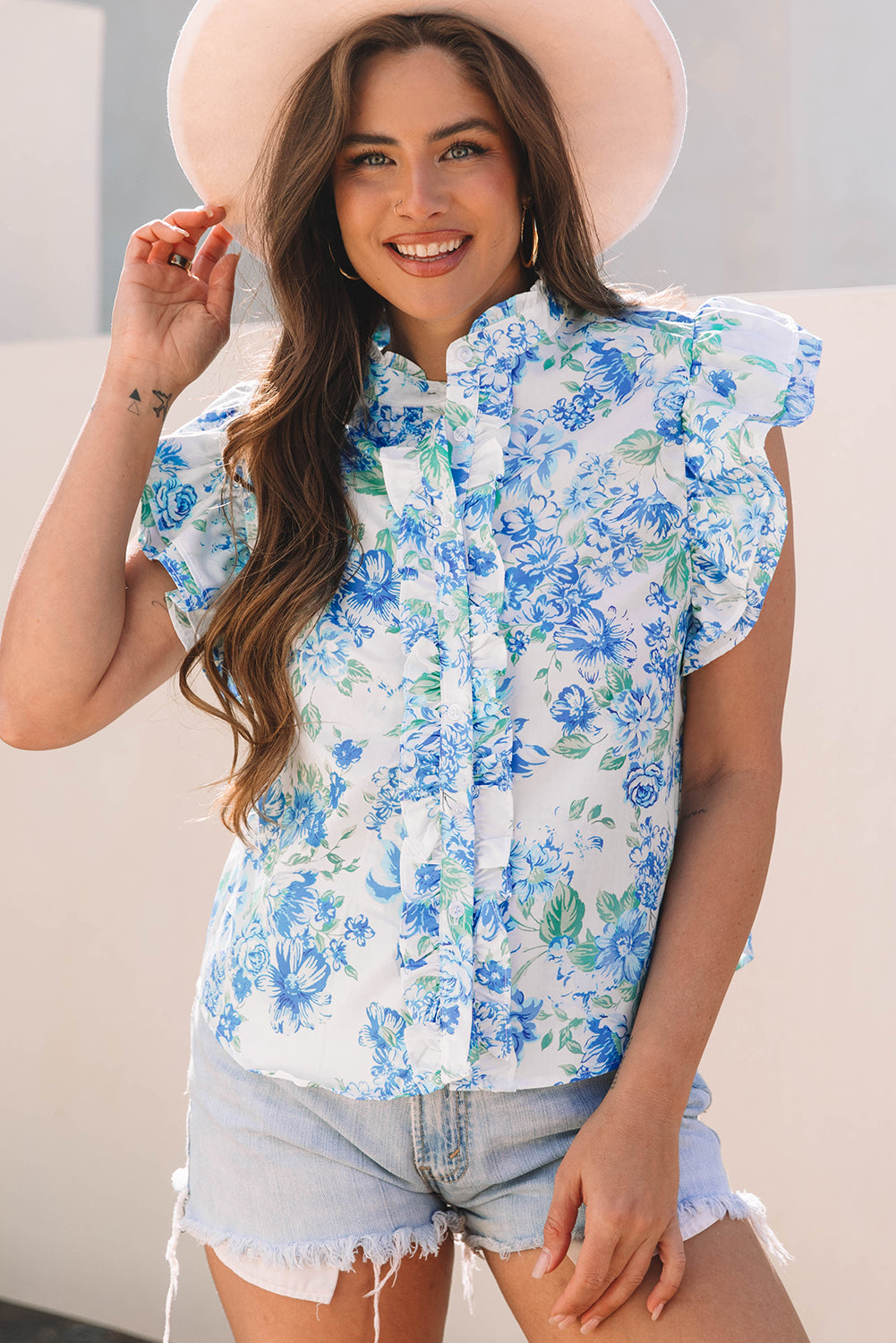 Sky Blue Floral Print Ruffle Sleeve Frilly Button Up Shirt