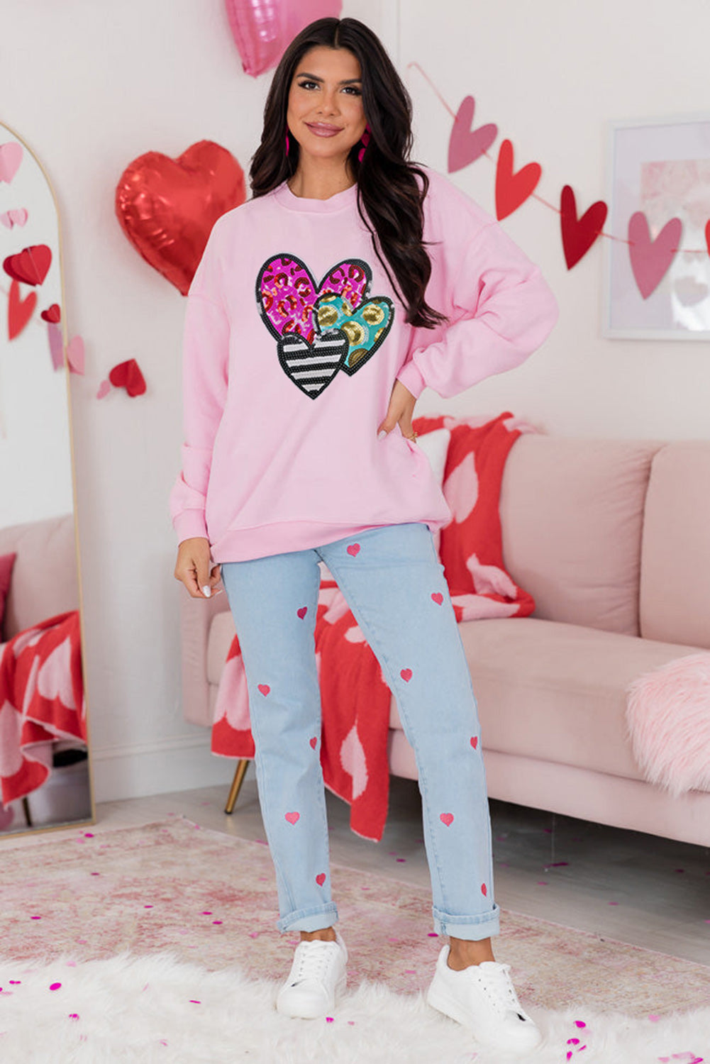 Pink Leopard Heart Patched Graphic Valentines Pullover Sweatshirt