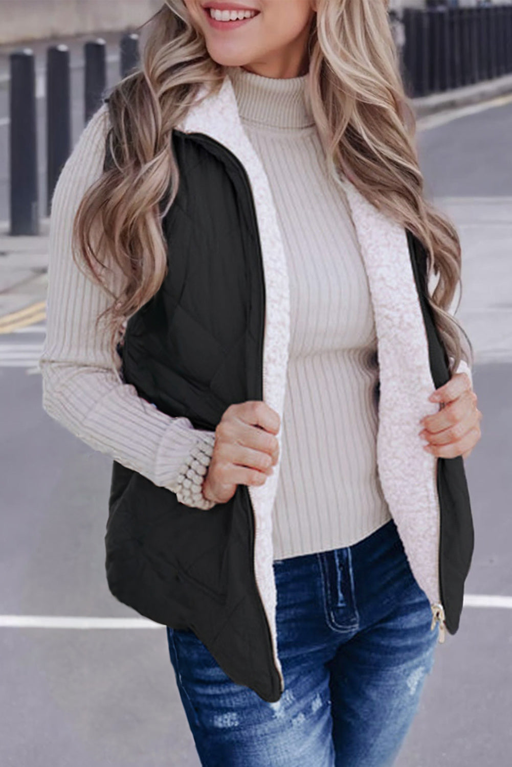 Pink Zip Up Fleece Lined Quilted Vest Coat