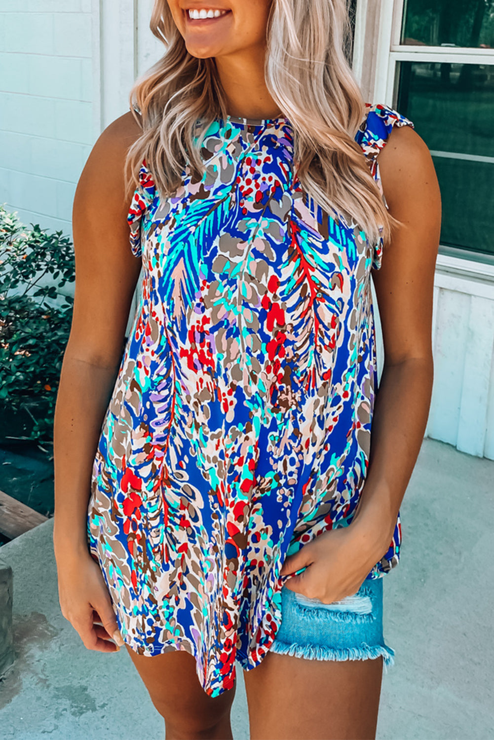 Rosy Boho Abstract Print Ruffle Babydoll Sleeveless Shirt