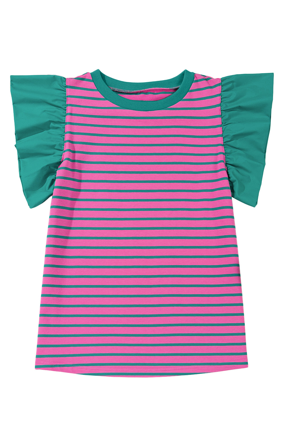 Pink Stripe Colorblock Ruffled Sleeve Crew Neck Blouse