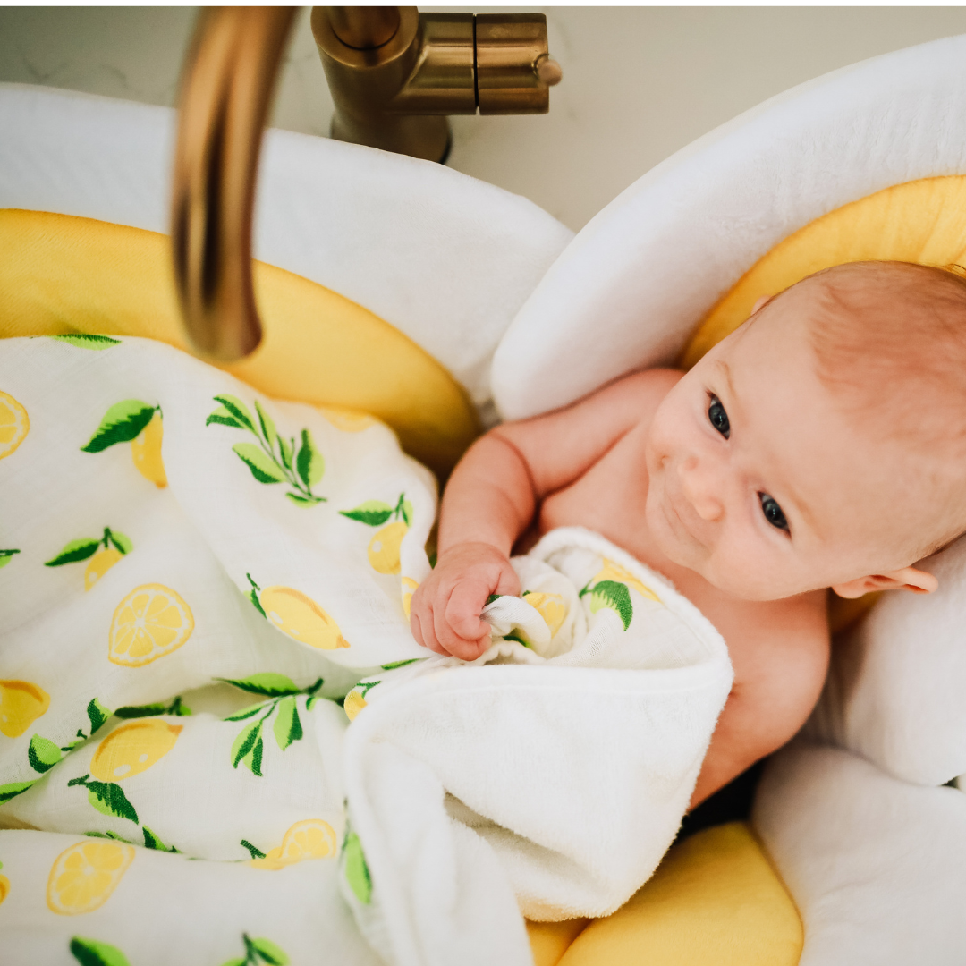 Baby Hooded Towel, Muslin-Backed, Buttery Soft Terry, Lemon Print