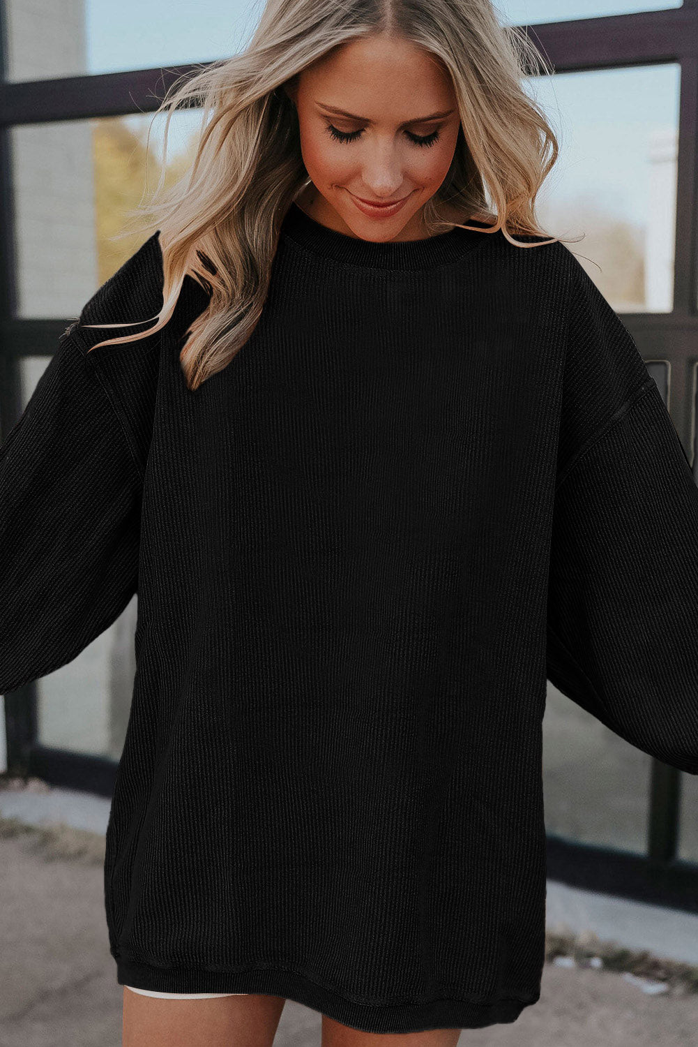 Light Grey Drop Shoulder Crinkle Rib Oversized Sweatshirt