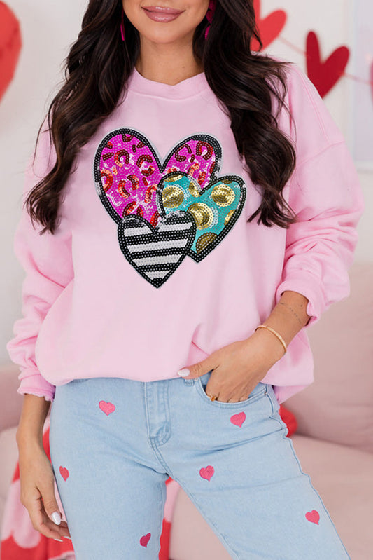 Pink Leopard Heart Patched Graphic Valentines Pullover Sweatshirt