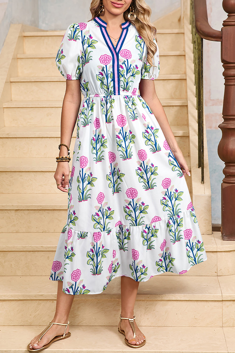 Sky Blue Floral Ruffle Hem Pop of Color Neckline Dress