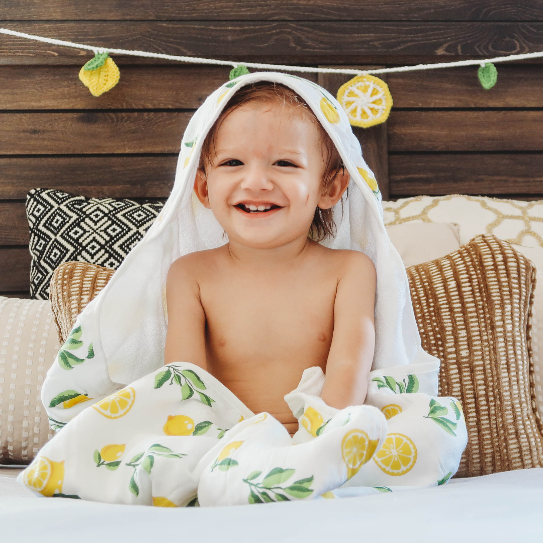 Baby Hooded Towel, Muslin-Backed, Buttery Soft Terry, Lemon Print