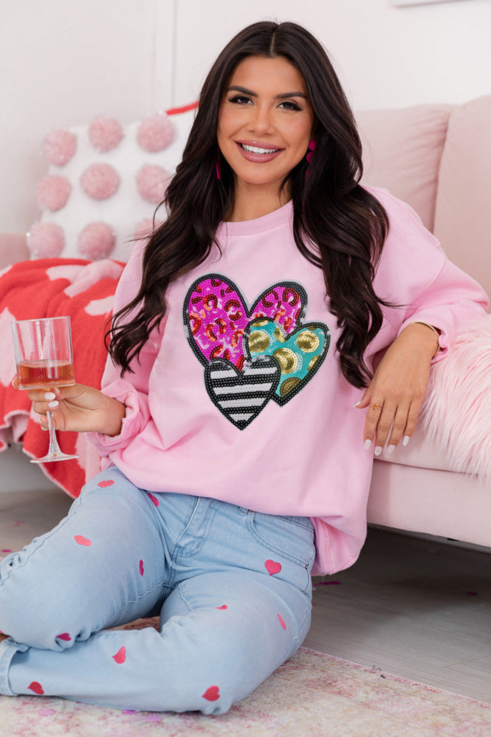 Pink Leopard Heart Patched Graphic Valentines Pullover Sweatshirt