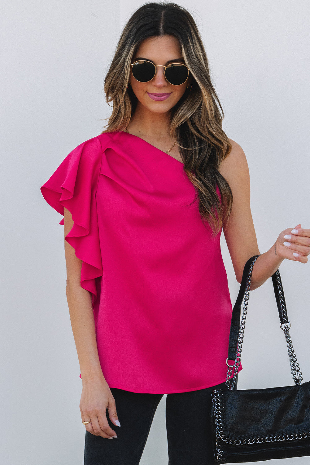 Strawberry Pink Asymmetric Shoulder Ruffle Sleeve Elegant Blouse