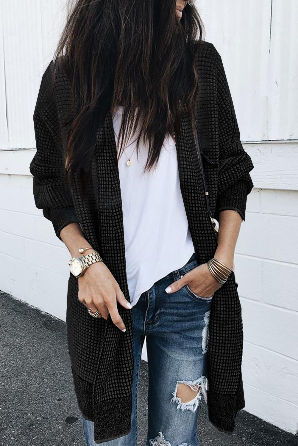 Gray Plaid Knitted Long Open Front Cardigan