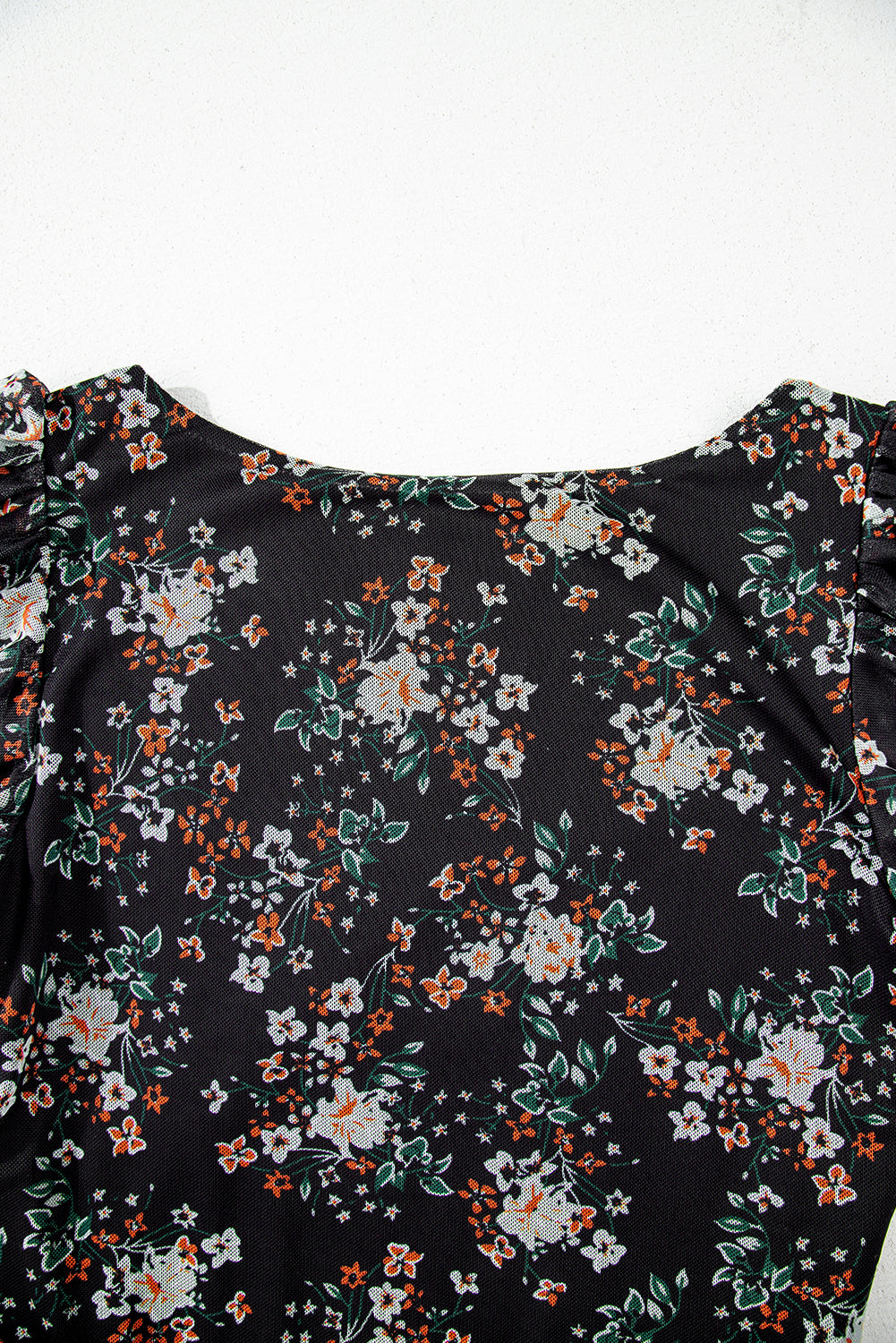 Black Floral Print U Neck Short Puff Sleeve Bodysuit