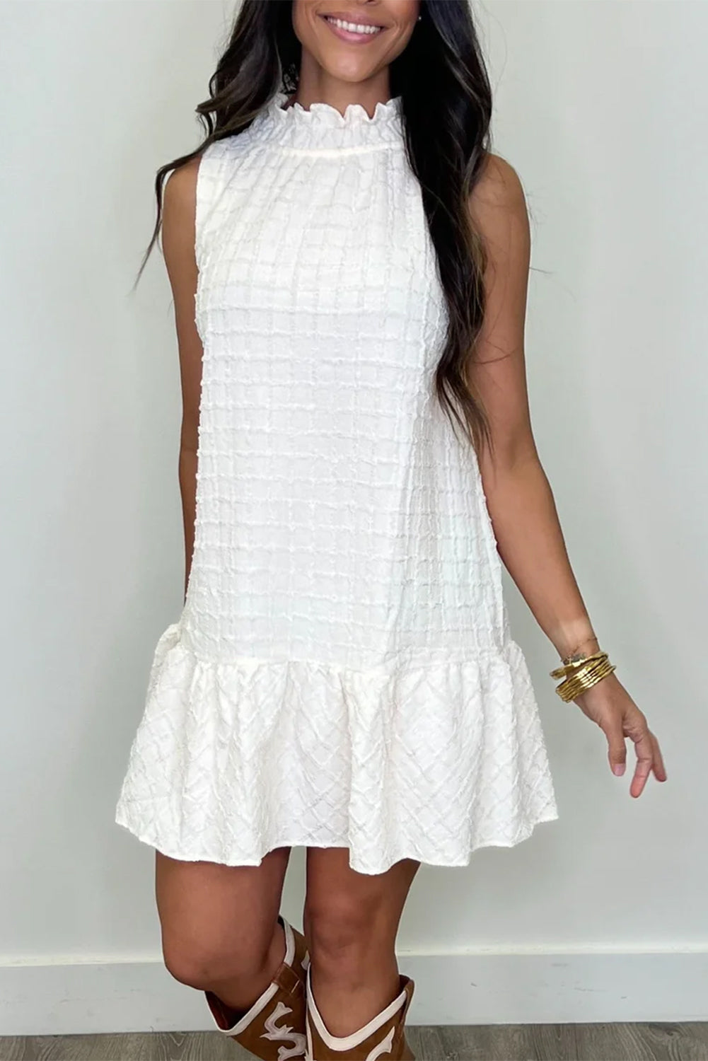 White Textured Frilled High Neck Sleeveless Ruffled Mini Dress