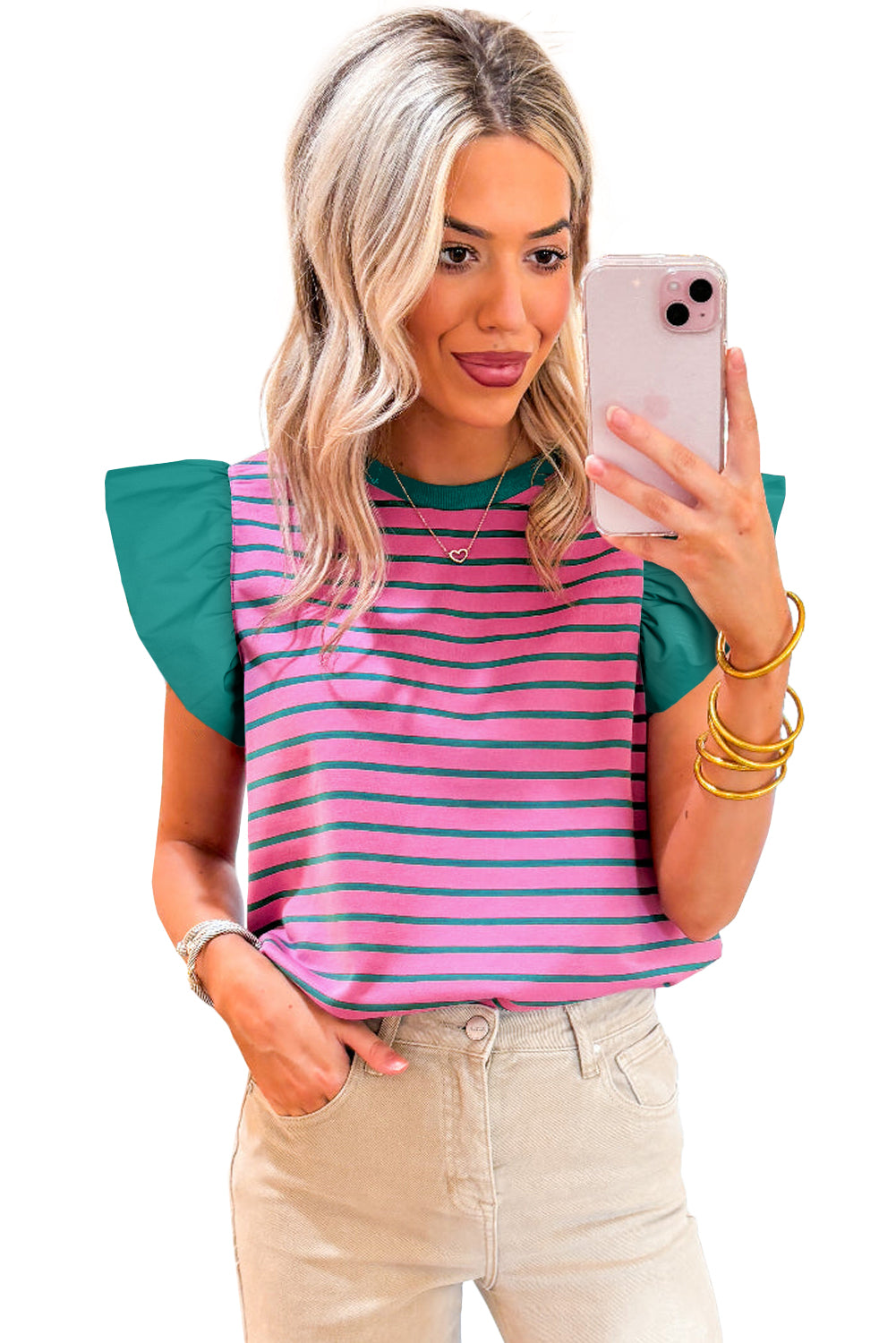 Pink Stripe Colorblock Ruffled Sleeve Crew Neck Blouse