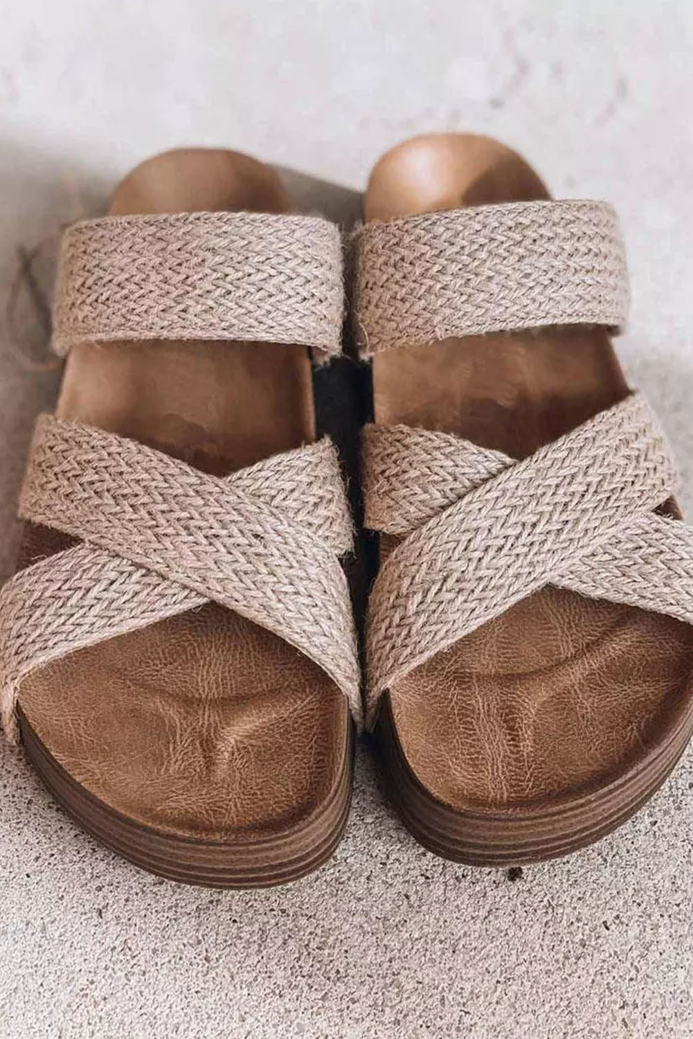 Beige Woven Criss Cross Strap Platform Slides Shoes