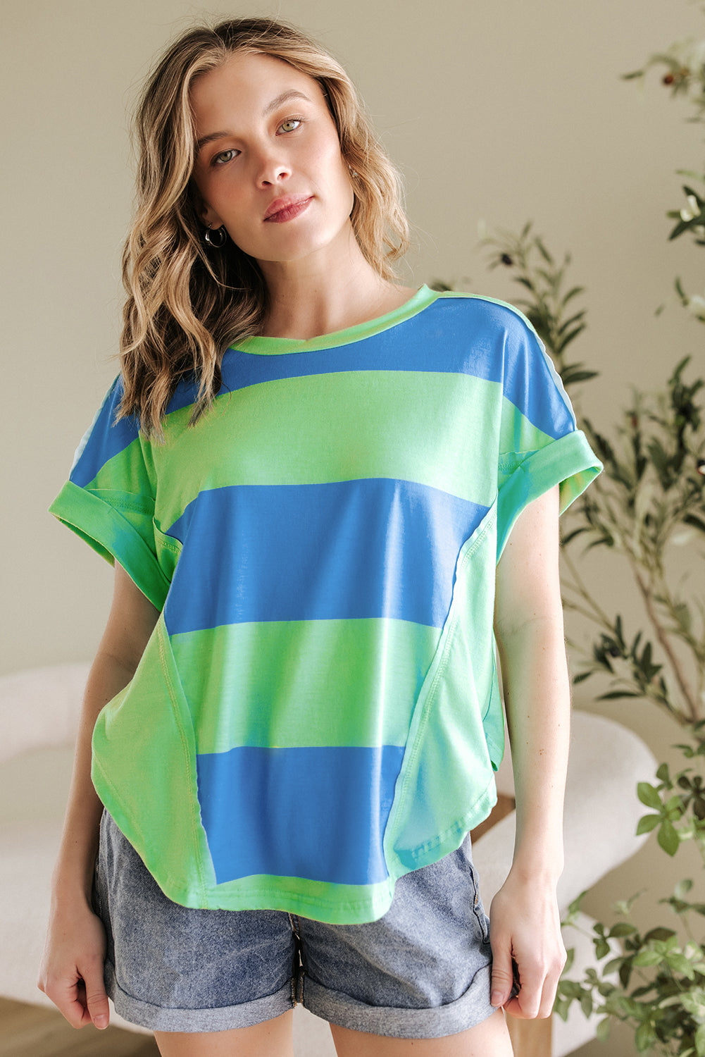 Blue Colorblock Rounded Hem Loose T Shirt