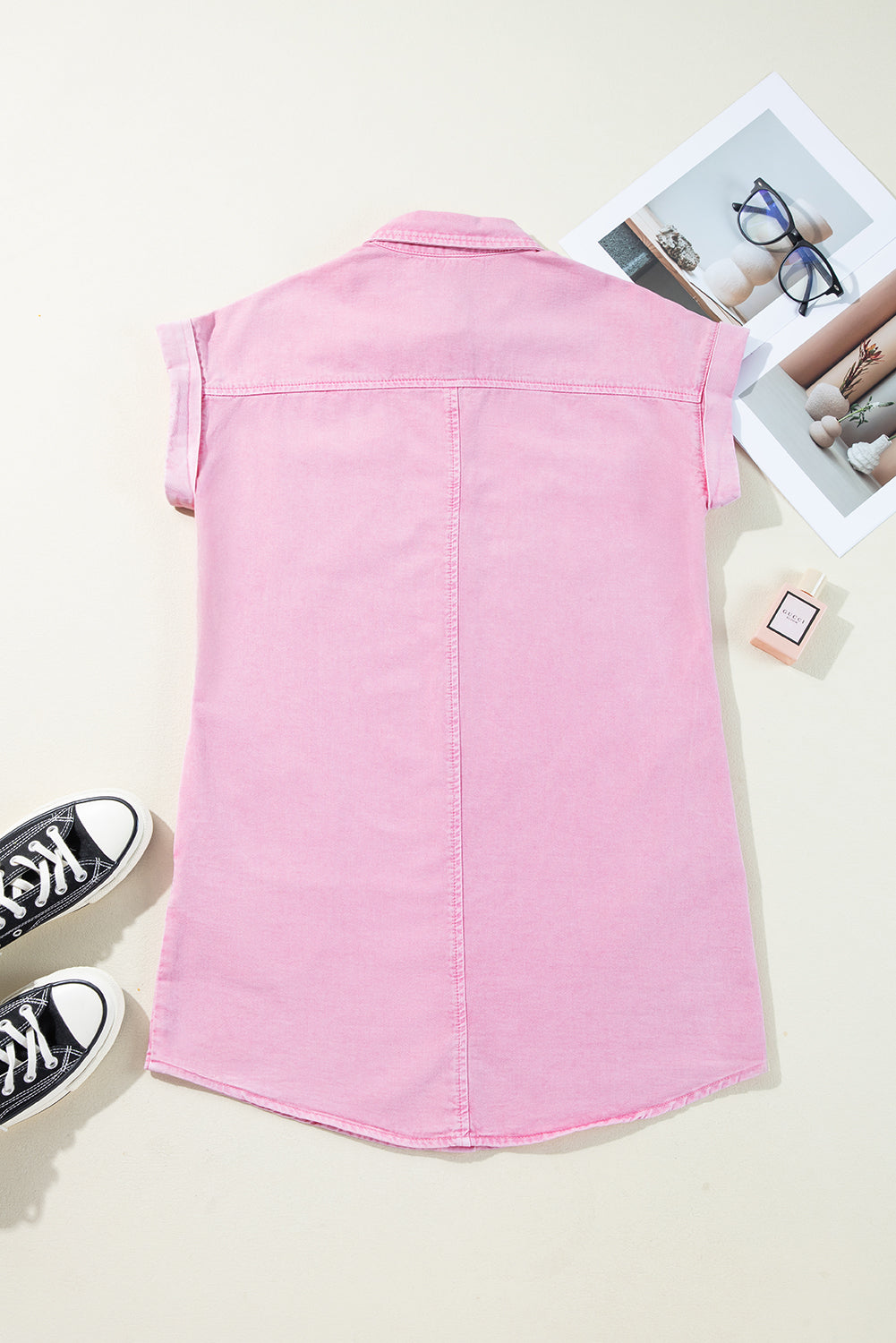 Pink Double Chest Pocket Denim Shirt Dress