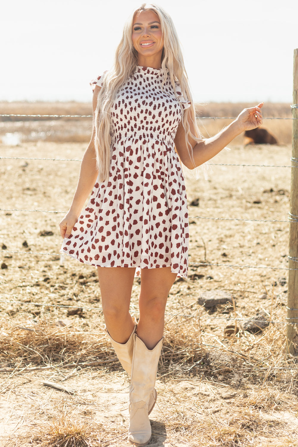 Brown Abstract Printed Flutter Sleeve Smocked Bodice Short Dress