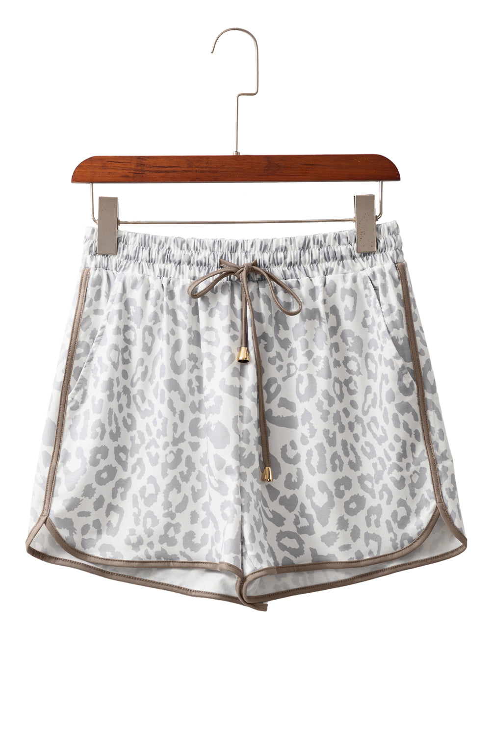 White Leopard Elastic Waist Lace up Contrast Trim Casual Shorts