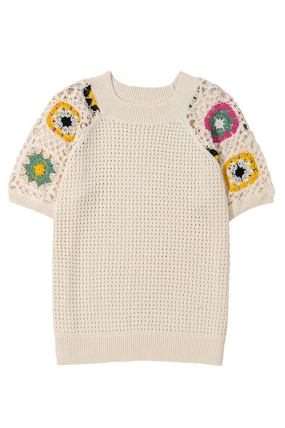 Apricot Hollow Out Floral Crochet Short Sleeve Crewneck Sweater