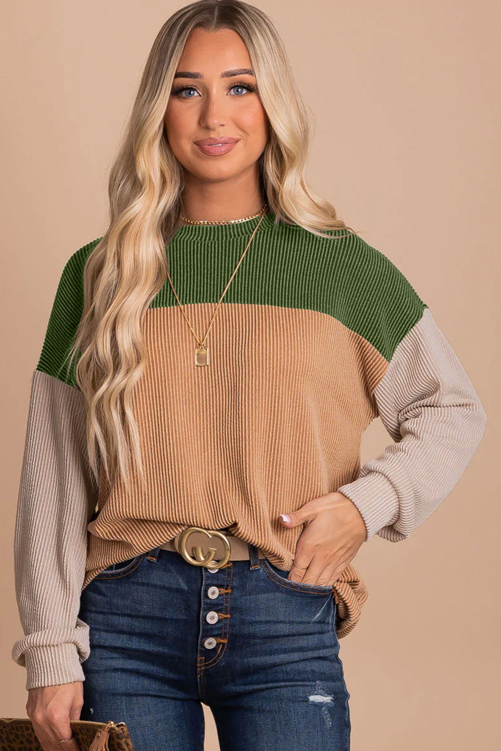 Khaki Color Block Long Sleeve Ribbed Loose Top