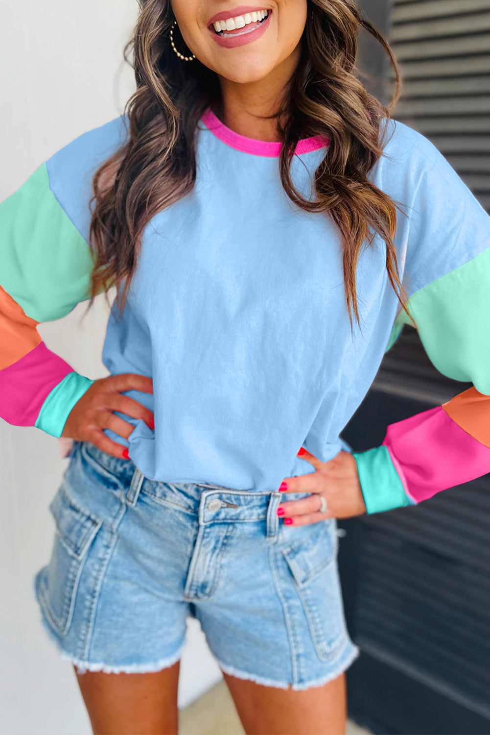 Green Colorblock Patchwork Long Sleeve Loose Top