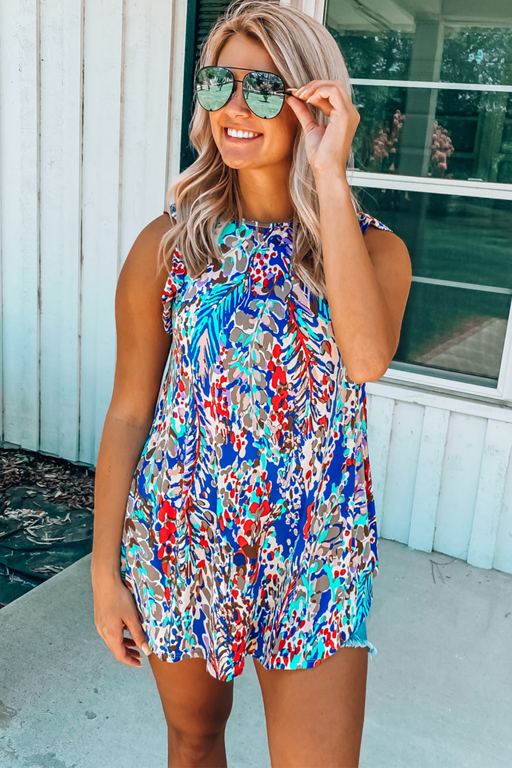 Rosy Boho Abstract Print Ruffle Babydoll Sleeveless Shirt