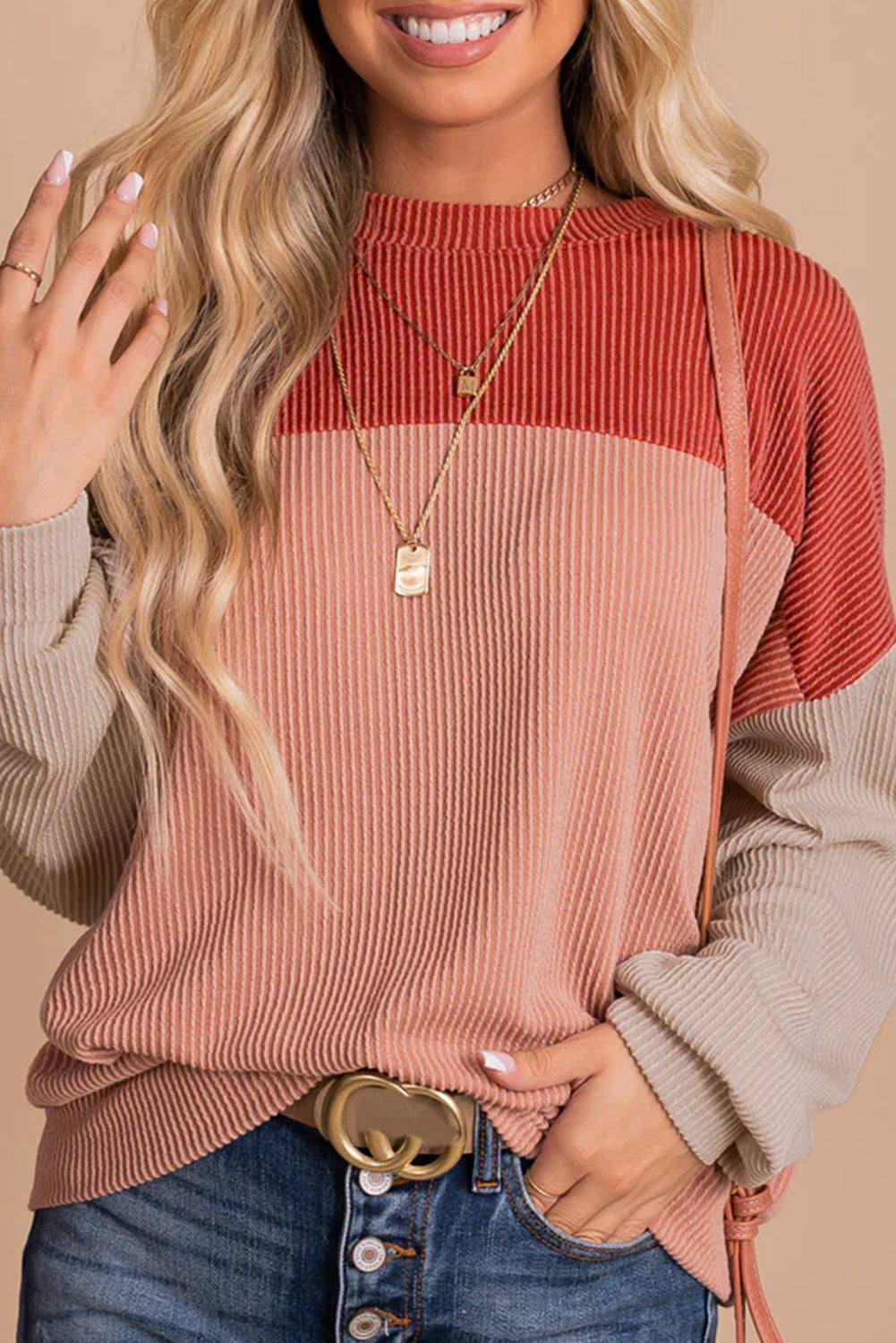 Khaki Color Block Long Sleeve Ribbed Loose Top