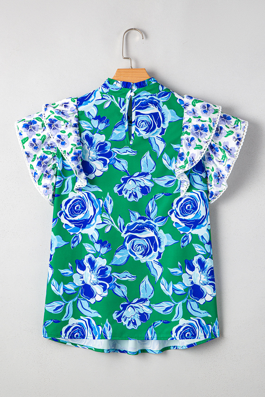 Green Floral Print Lace Trim Ruffle Sleeve Pleated Loose Blouse